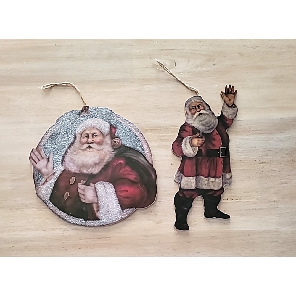 Set Of 2 Double Sided Glittered Old World Santa Christmas Ornaments/Decor-Wood